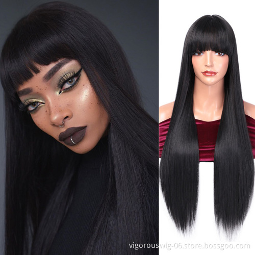 Vigorous 28 inches Long Straight Black Wig Lace Heat Resistant Synthetic Wig With Bangs Natural Hair Wig for Black Women